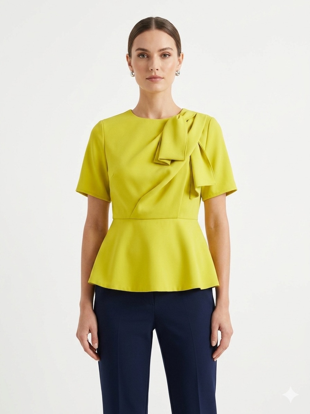 Gracia Yellow Peplum Top Women's Short Sleeve Bow Blouse Small Elegant Vibrant